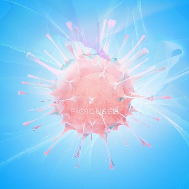 Rotes Orthomyxovirus-Teilchen auf blauem Hintergrund, Illustration. — Stockfoto