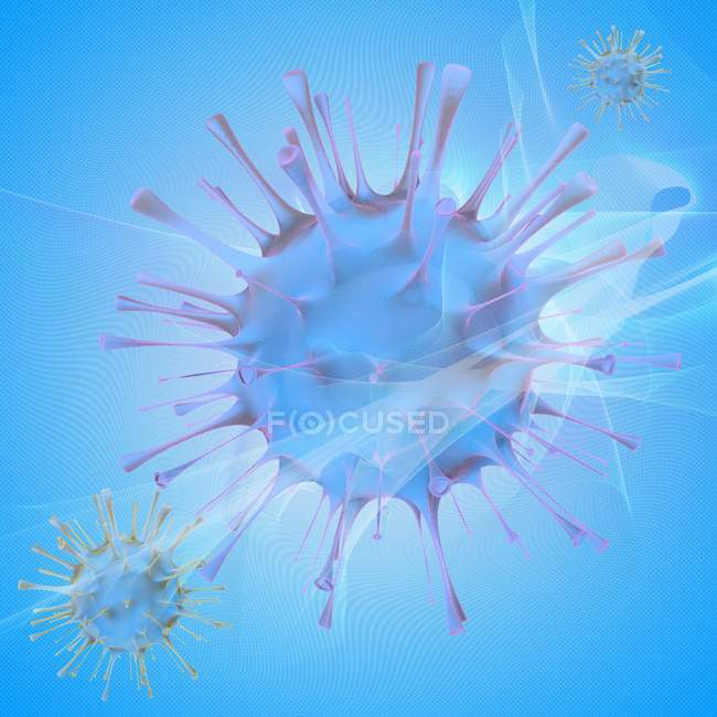 Blaue Orthomyxovirus-Partikel auf blauem Hintergrund, Illustration. — Stockfoto