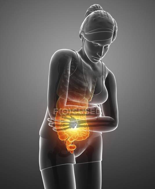 Female silhouette with abdominal pain, digital illustration. — Stock Photo