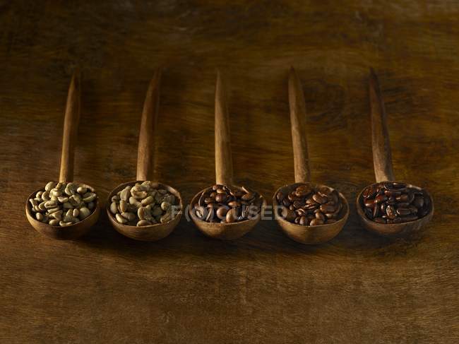 Wooden spoons with coffee beans on rustic background. — Stock Photo