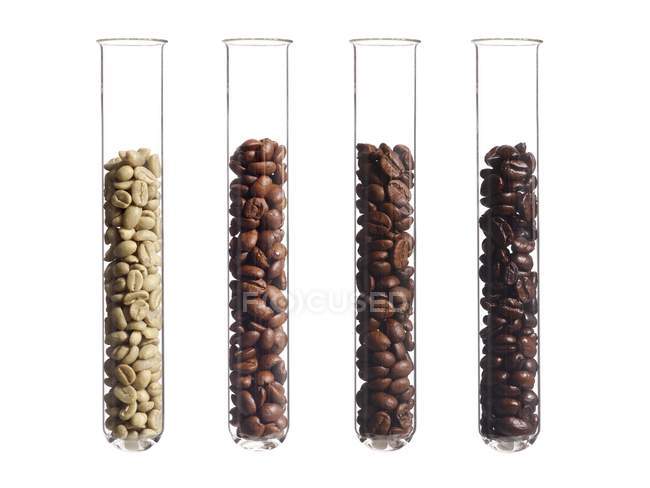 Grãos de café torrados crus, leves, médios e escuros em tubos de ensaio . — Fotografia de Stock