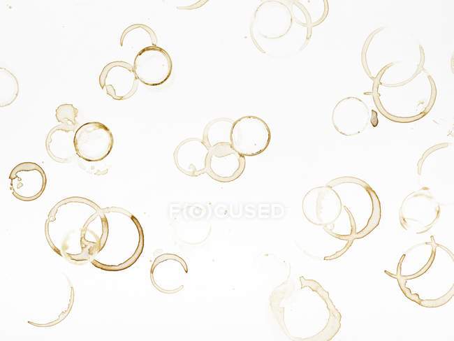 Coffee cup stains on white background, high angle view. — Stock Photo