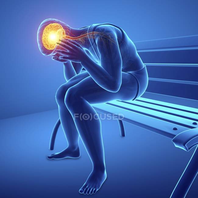 Сидящий на скамейке силуэт мужчины с головной болью, цифровая иллюстрация . — стоковое фото