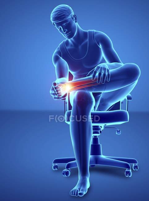 Seduto in sedia silhouette maschile con dolore ai piedi, illustrazione digitale . — Foto stock