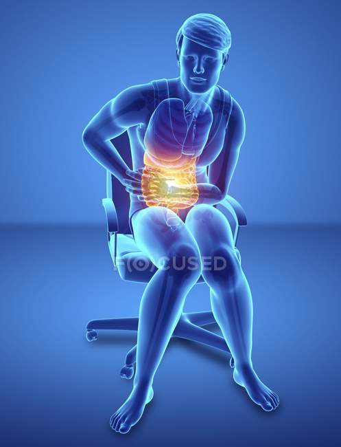 Сидячи в чоловічий силует крісло з біль у животі, цифрова ілюстрація. — стокове фото