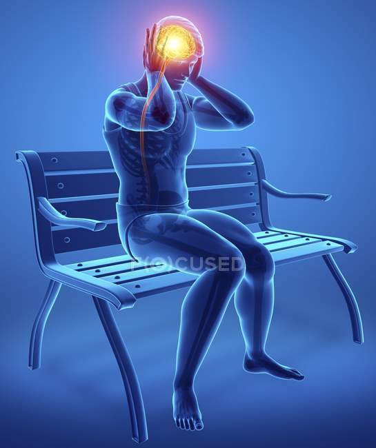 Сидячи на лавці чоловічий силует з головним болем, цифрова ілюстрація . — стокове фото