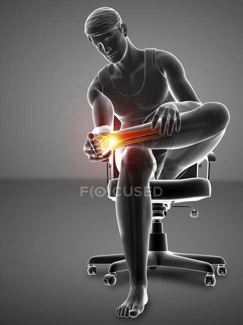Sitting in chair male silhouette with foot pain, digital illustration. — Stock Photo