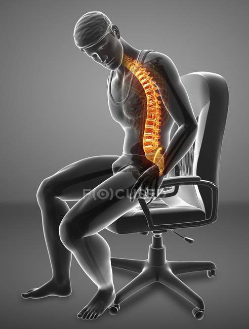 Sentado em cadeira silhueta masculina com dor nas costas, ilustração digital . — Fotografia de Stock