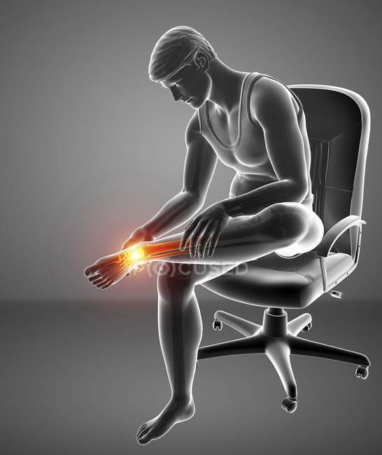 Sitzen im Stuhl männliche Silhouette mit Fußschmerzen, digitale Illustration. — Stockfoto