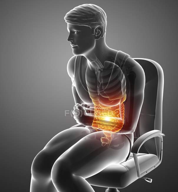 Sentado em cadeira silhueta masculina com dor abdominal, ilustração digital . — Fotografia de Stock