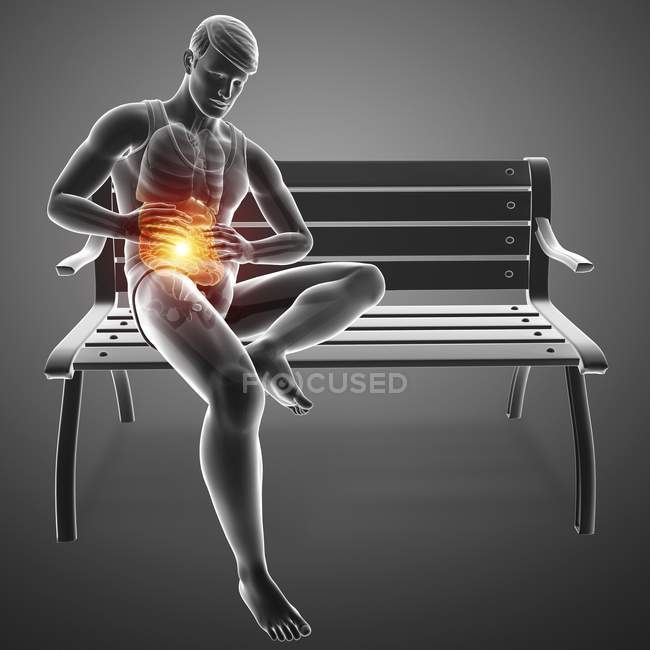 Sentado en el banco silueta masculina con dolor abdominal, ilustración digital . - foto de stock