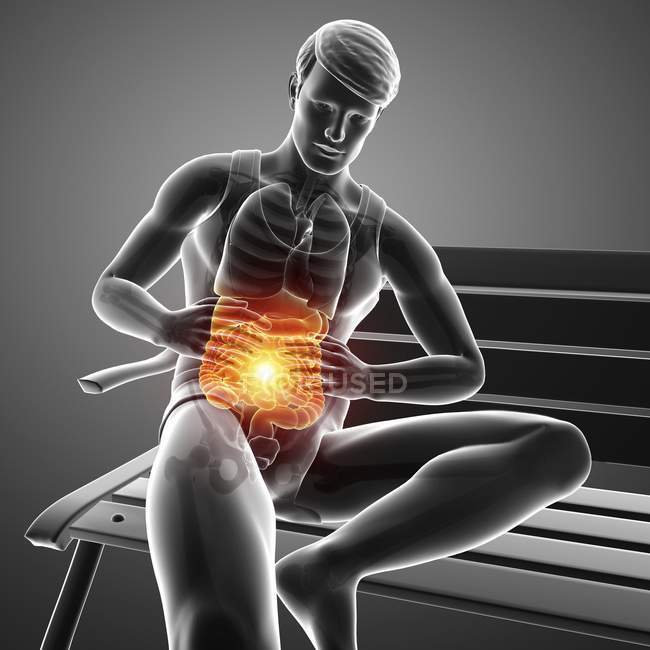 Sentado en el banco silueta masculina con dolor abdominal, ilustración digital . - foto de stock