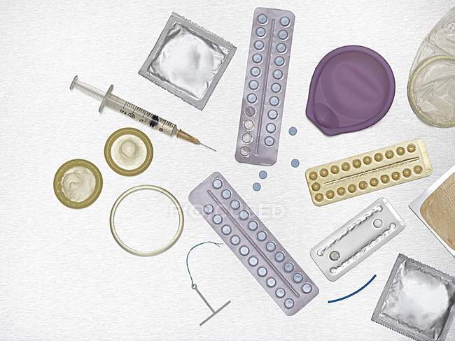 Assortimento di tecniche contraccettive su sfondo bianco . — Foto stock