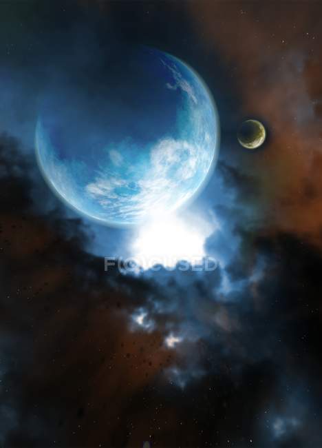 Planet und Mond in Wolken im All, digitale Illustration. — Stockfoto