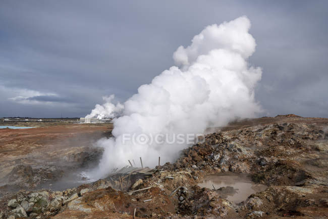 Aguas termales geotermales al vapor en el paisaje de Hveragerdi, Islandia . - foto de stock