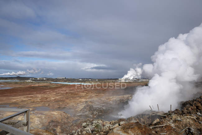 Geothermal hot spring steaming arid ground at Hveragerdi, Iceland. — Stock Photo