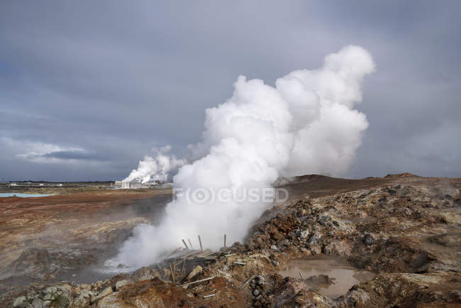 Vapor de aguas termales geotérmicas en la zona árida de Hveragerdi, Islandia . - foto de stock