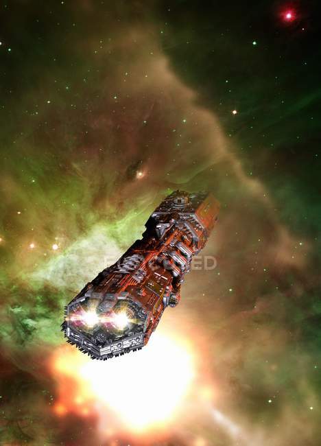Space craft flying in starry galaxy in space, illustration. — Stock Photo