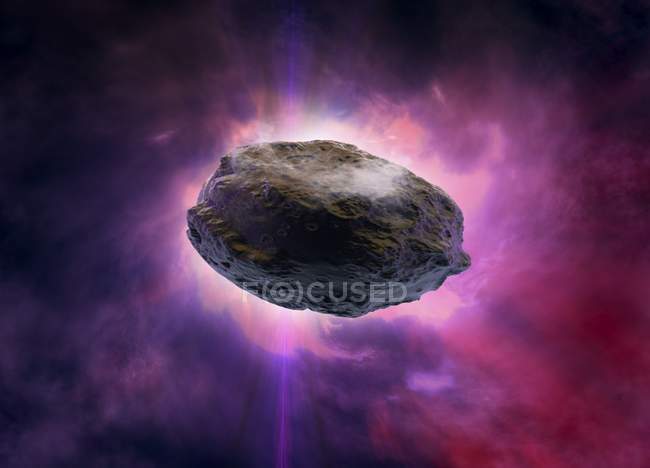 Asteroid stone against purple space background, illustration. — Stock Photo