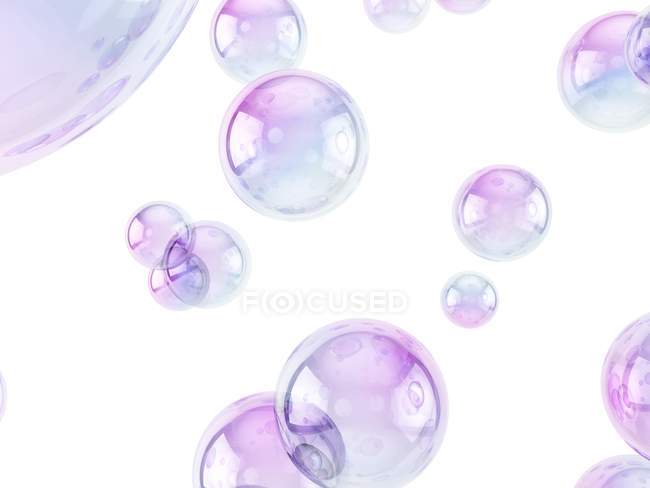 Burbujas de jabón púrpura aisladas sobre fondo blanco . - foto de stock