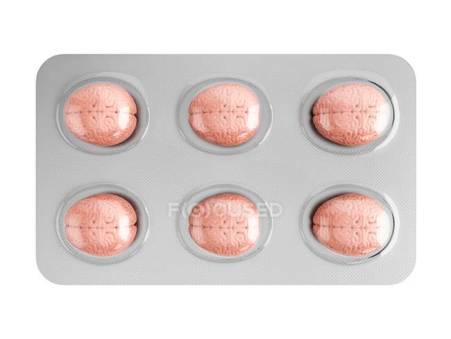 3D-Illustration von hirnartigen Pillen in Blisterverpackung. — Stockfoto