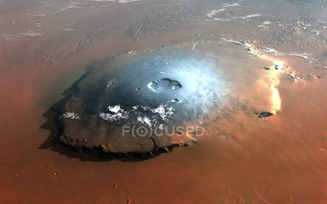 Illustrazione guardando giù sul vulcano Olympus Mons scudo sul pianeta Marte
. — Foto stock