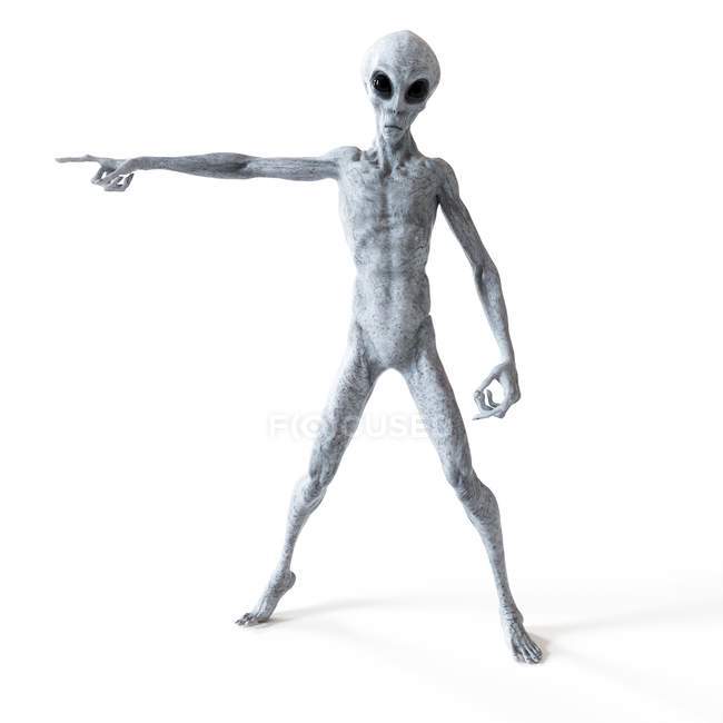 Ilustración de alienígena humanoide gris apuntando sobre fondo blanco . - foto de stock