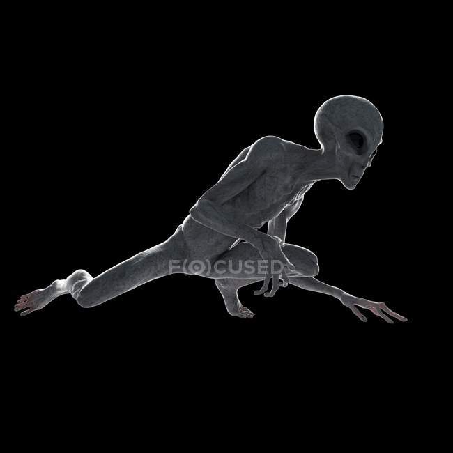 Illustration of gray humanoid alien sneaking on black background. — Stock Photo