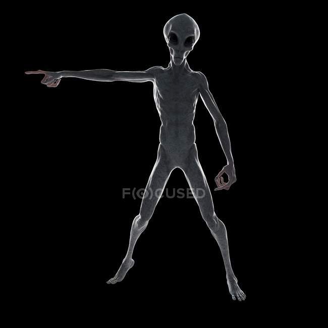 Ilustração de alienígena humanóide cinza apontando sobre fundo preto . — Fotografia de Stock