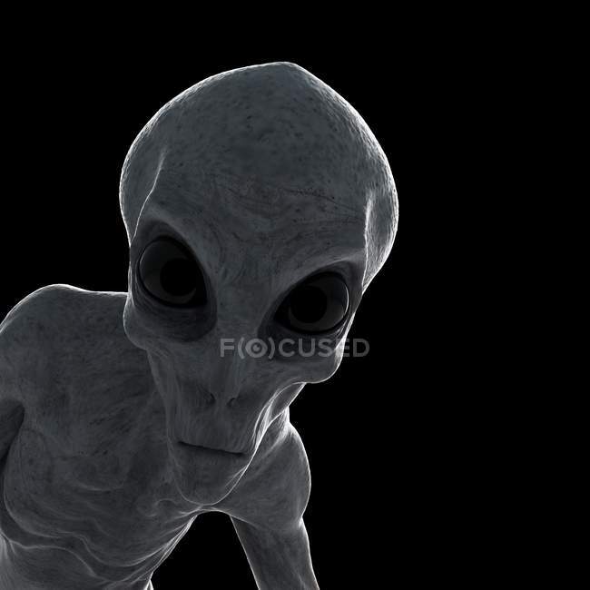 Illustration of gray humanoid alien on black background, close-up. — Stock Photo