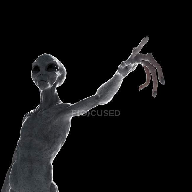 Illustration of gray humanoid alien pointing on black background. — Stock Photo