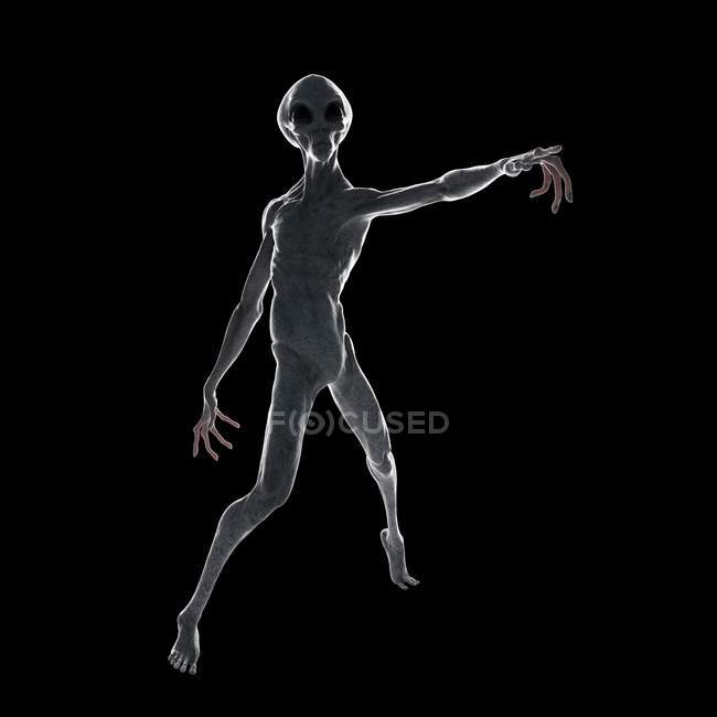 Ilustración de alienígena humanoide gris apuntando sobre fondo negro . - foto de stock