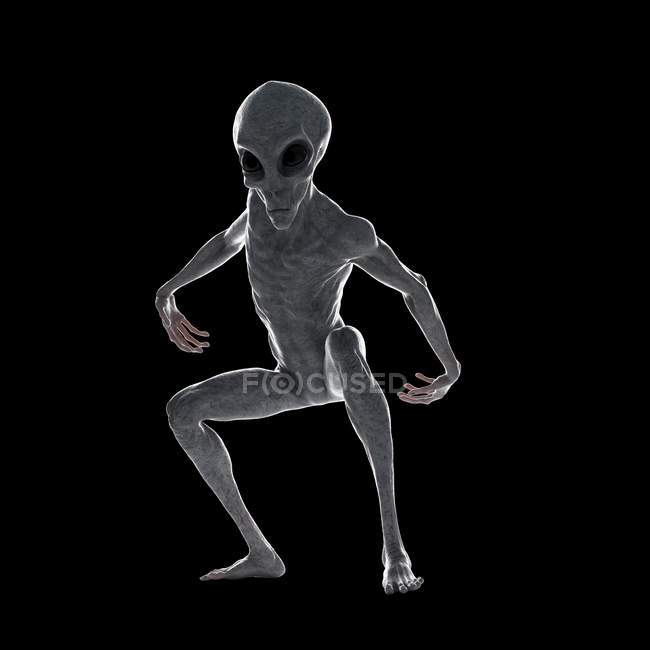 Illustration of gray humanoid alien on black background. — Stock Photo