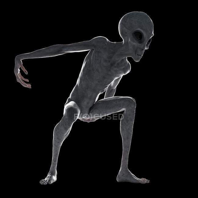Ilustração de cinza humanóide alienígena no fundo preto . — Fotografia de Stock