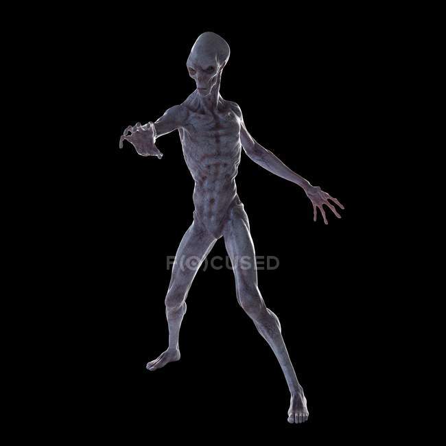 Illustration of realistic humanoid alien on black background. — Stock Photo