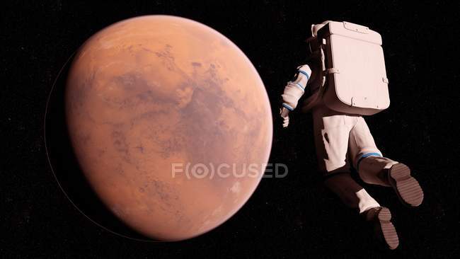 Ilustración del astronauta en traje espacial volando frente a la superficie de Marte . - foto de stock
