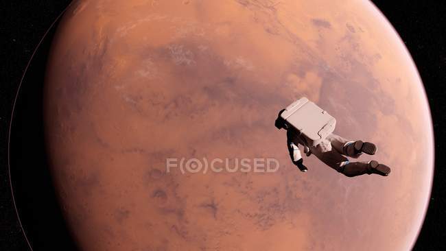 Иллюстрация космонавта в космическом костюме, летящего перед поверхностью Марса
. — стоковое фото