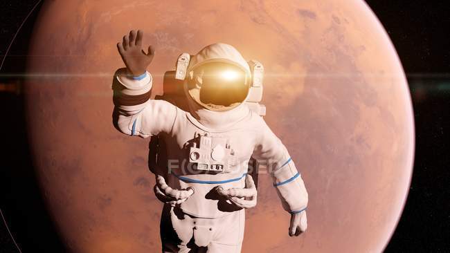 Ilustração de astronauta com reflexão de luz voando na frente da superfície de Marte . — Fotografia de Stock