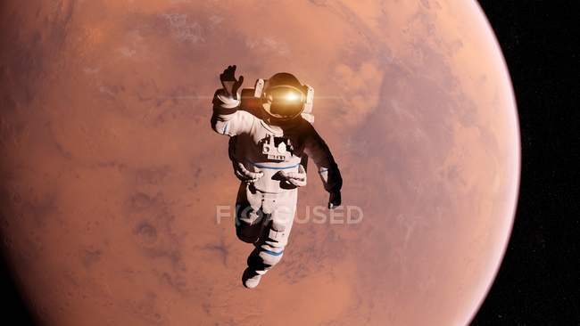 Ilustración de astronauta con reflejo de luz volando frente a la superficie de Marte . - foto de stock