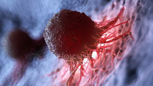 Obra de arte digital de la célula roja iluminada del cáncer humano . - foto de stock