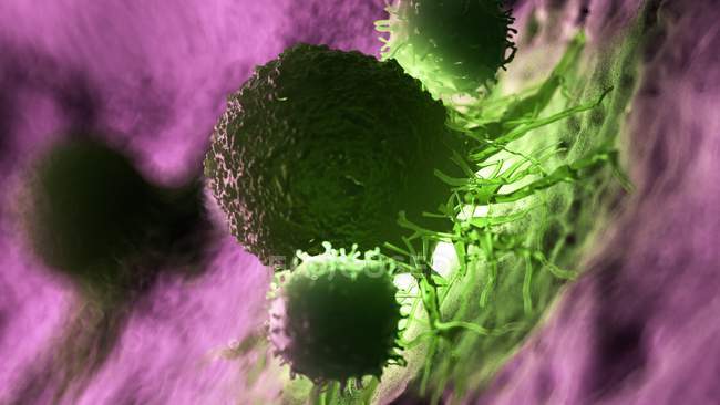 Digital artwork of white blood cells attacking green illuminated cancer cell. — Stock Photo