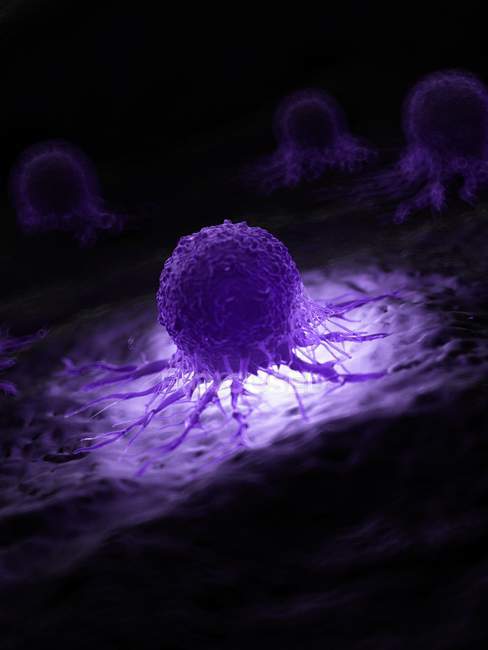 Illustrazione di cellule tumorali viola illuminate su sfondo nero . — Foto stock