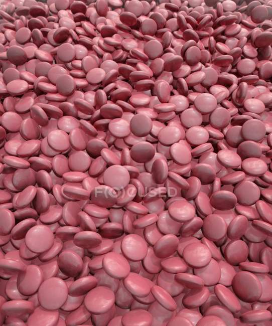 Ilustração da pilha de comprimidos médicos revestidos a vermelho, quadro completo . — Fotografia de Stock