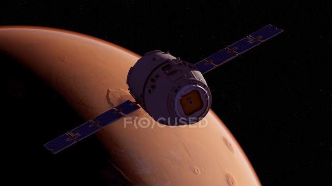 Ilustração do satélite de pesquisa voando em frente à superfície vermelha do planeta Marte . — Fotografia de Stock