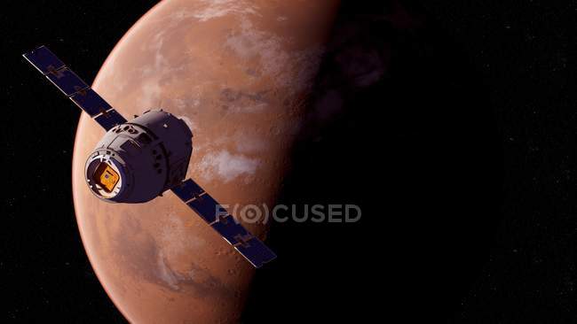 Ilustración del satélite de investigación volando frente al planeta Marte superficie roja . - foto de stock