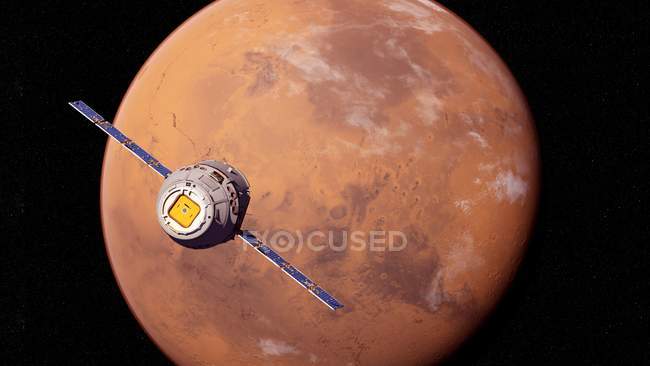 Иллюстрация исследовательского спутника, летящего перед красной поверхностью планеты Марс
. — стоковое фото