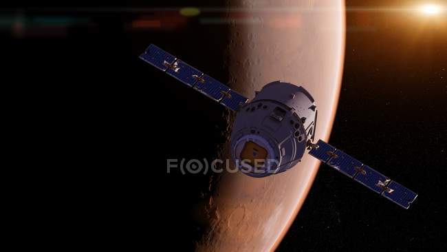 Illustrazione del satellite di ricerca che vola davanti alla superficie rossa del pianeta Marte
. — Foto stock