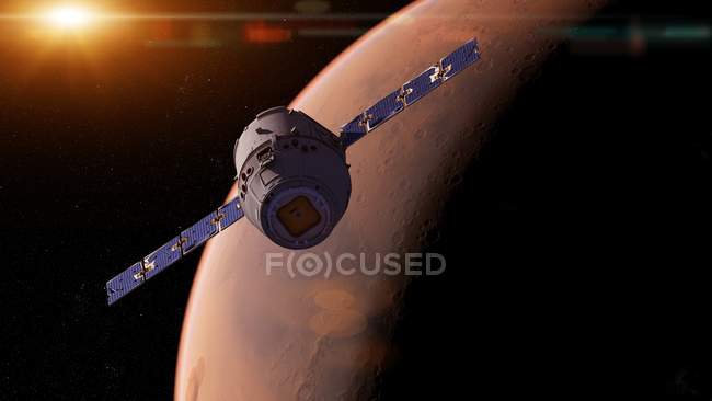 Ilustración de naves espaciales satelitales frente a la superficie del planeta Marte . - foto de stock