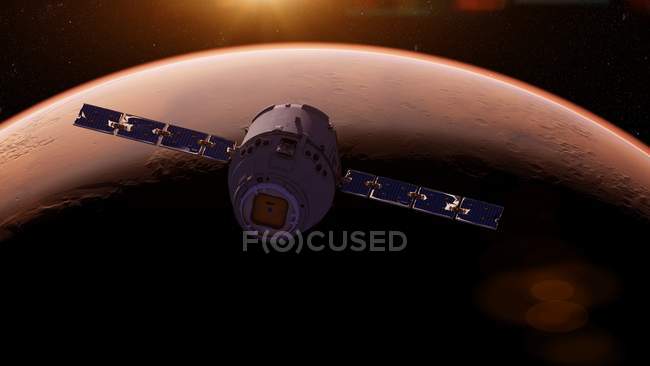 Illustrazione del satellite di ricerca che vola davanti alla superficie rossa del pianeta Marte . — Foto stock