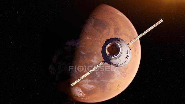 Illustration d'un satellite de recherche volant devant la planète Mars surface rouge
. — Photo de stock